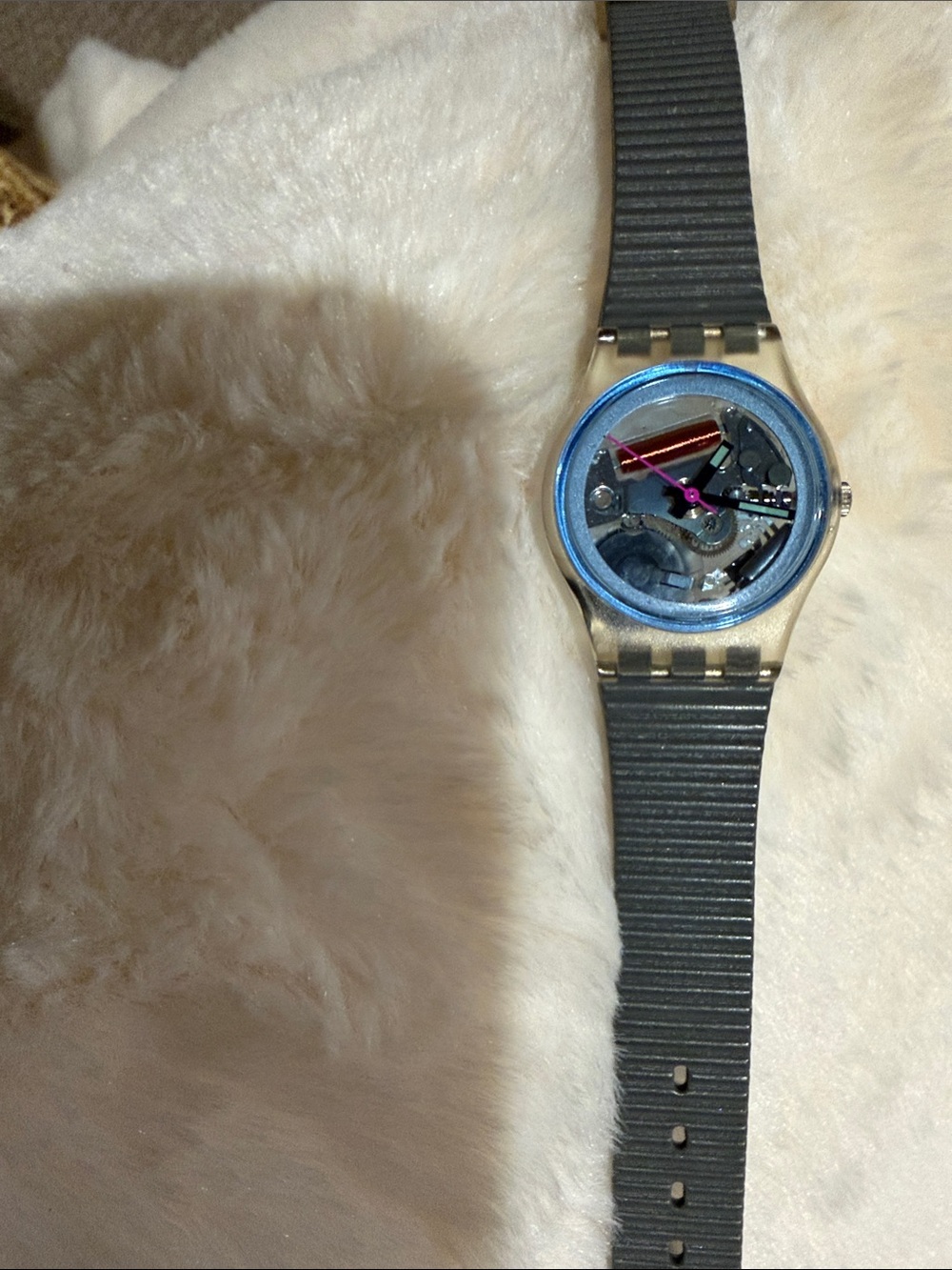 SWATCH WATCH Blue Bezel Transparent Dial Wristwatch - Black Strap vintage